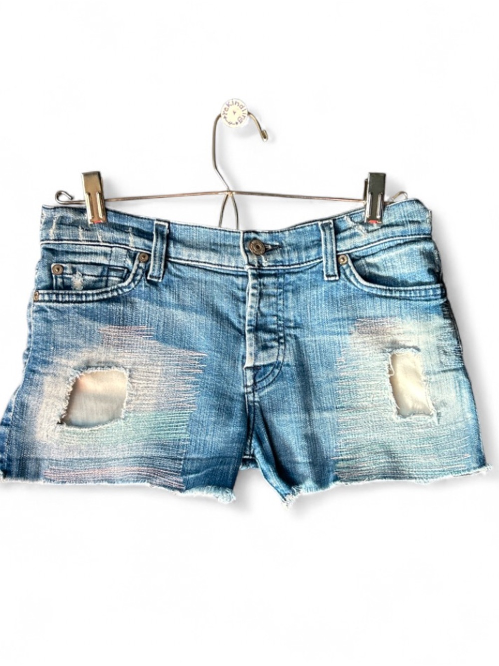 7 For All Mankind Blue Exposed Pockets Distressed Denim Shorts